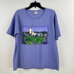 Vintage Anvil Tshirt Womens‎ L Purple Animal Horse Print Field Of Flowers